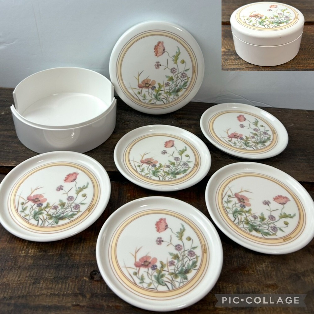 Minton Coasters Set of 6 Intaglio Poppy Floral + Holder Japan Retro Kitchen